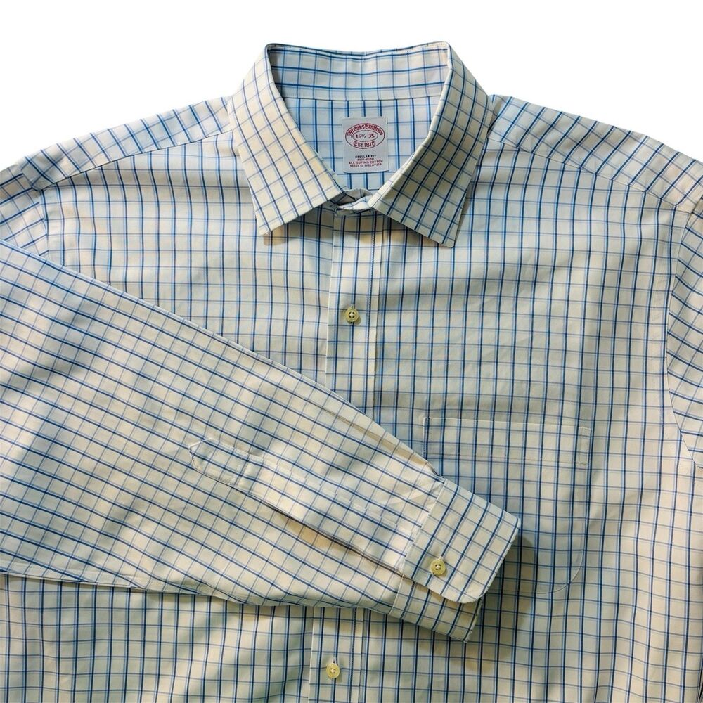 Brooks Brothers Dress Shirt 16 1/2 - 35 Regular Fit Non Iron Supima Blue Plaid